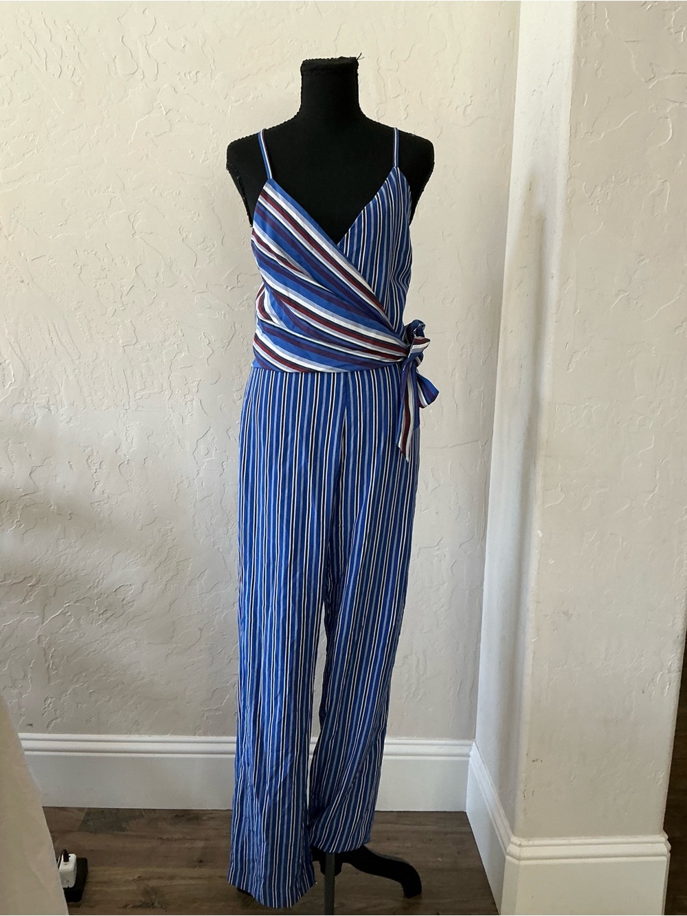 rag & bone Blue Stripe Wrap Jumpsuit with Side Tie